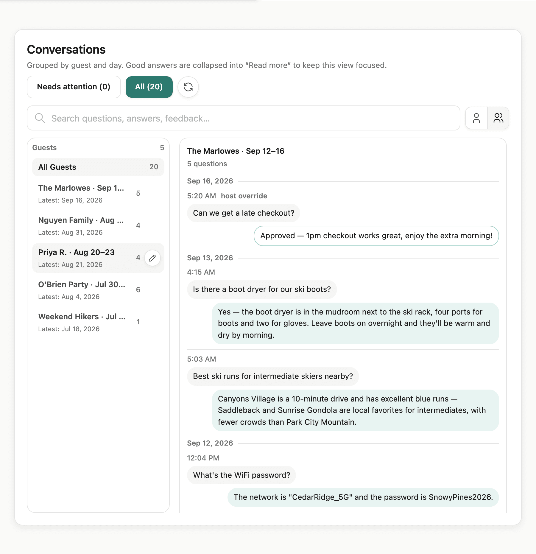 Mila host portal showing guest conversations